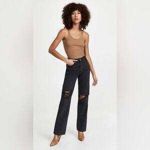 Re/Done Womens High Rise Loose Black Wash with Rips Straight Leg Jeans Size 25